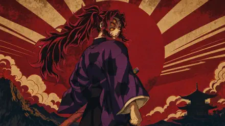 Kokushibo (Demon Slayer) stands backlit by a blood-red rising sun, long hair and moon-marked face peering over a purple kimono amid swirling clouds and pagodas — 4K Ultra HD PC desktop wallpaper.