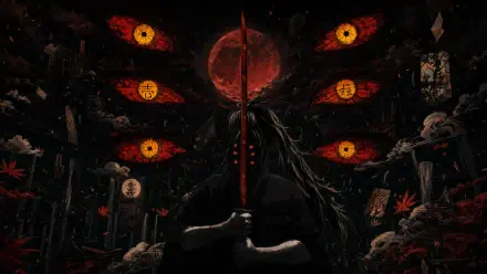 4K Ultra HD PC desktop wallpaper: Kokushibo (Demon Slayer) stands with sword raised, blood-red moon and multiple glowing eyes looming in a dark, ominous shrine.