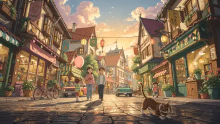 Vibrant street 4K Ultra HD PC desktop wallpaper and background: sunset cobblestone lane with warm shopfronts, lanterns, a strolling family and a cat crossing the foreground.