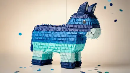 Blue donkey piñata with teal and navy fringe and scattered confetti on a cream backdrop — 4K Ultra HD PC desktop wallpaper and background.