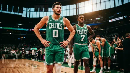 4K Ultra HD desktop wallpaper of Boston Celtics basketball players on court — two athletes in green uniforms (numbers 0 and 7) during a game, arena lights and crowd behind them.