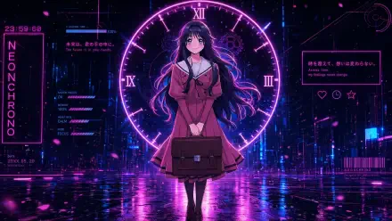 4K Ultra HD PC desktop anime wallpaper of Kaoruko Waguri: a schoolgirl with violet hair and satchel before a glowing neon clock in a rainy cyber city — The Fragrant Flower Blooms With Dignity.