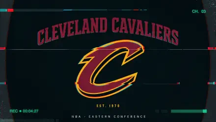 Cleveland Cavaliers logo and team name on a dark 4K Ultra HD PC desktop wallpaper, red-and-gold C emblem representing the NBA basketball sports team.