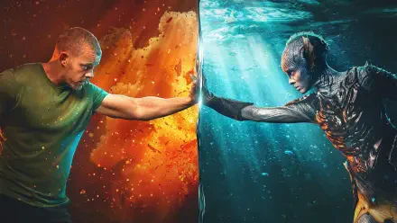 HD PC desktop wallpaper The War Between the Land and the Sea: a human and an aquatic warrior press hands across a fiery land versus blue underwater divide, a dramatic elemental standoff.