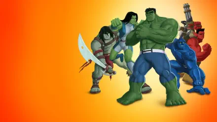 HD PC desktop wallpaper featuring Hulk and the Agents of S.M.A.S.H. posed against an orange gradient background.