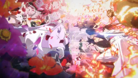 Hell's Paradise 4K Ultra HD PC desktop wallpaper/background — vibrant anime battle: warriors clash with swords amid falling petals, blazing flames and radiant light.