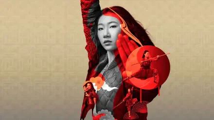 4K Ultra HD PC desktop wallpaper/background for Kung Fu (TV Show): central red-toned portrait of the lead, layered with circular action vignettes on a beige backdrop.