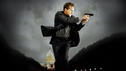 Tag 24 — 4K Ultra HD PC desktop wallpaper and background: a suited man aiming a handgun while running above a lit capitol building beneath a stormy, dramatic sky.