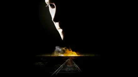 24 — 4K Ultra HD PC desktop wallpaper: shadowed face overlooks railway tracks leading toward a glowing fire in the distance on a stark black background.