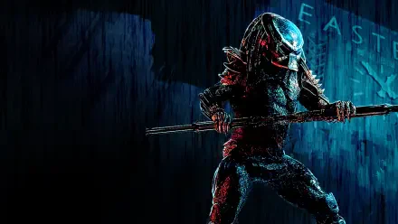 Predator from Predator 2 stands in a rain-soaked neon city, gripping a spear beneath blue-red lighting — 4K Ultra HD PC desktop wallpaper.