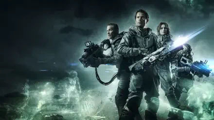 Spectral HD PC desktop wallpaper: three armored futuristic soldiers brandish heavy weapons, standing amid green ghostly apparitions and swirling mist.