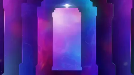 Doctor Who (2023) 4K Ultra HD PC wallpaper: glowing TARDIS-shaped doorway framed by layered arches against swirling purple, blue and magenta nebula light.
