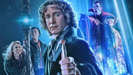 Doctor Who: The Movie 4K Ultra HD PC Desktop Wallpaper and Background — the Eighth Doctor brandishes a sonic device with companions and a shadowy adversary in a blue, time-warped scene.