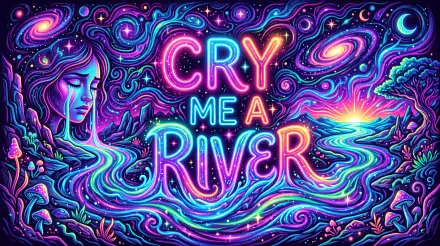 5K Ultra HD PC desktop wallpaper: neon abstract Cry Me a River—a woman's profile amid swirling galaxy rivers, stars and vivid psychedelic blues, pinks and purples.