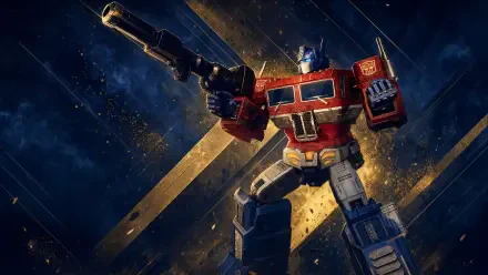 4K Ultra HD PC wallpaper for Transformers: Eternal War — red-and-blue Transformer mecha aims a blaster against a fiery, cosmic battle backdrop.