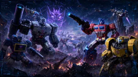 Transformers: Eternal War video game 4K Ultra HD PC wallpaper — epic battlefield with Optimus Prime, Bumblebee and Megatron clashing amid explosions and a glowing Decepticon emblem.