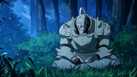 Alphonse Elric's armored form sits cross-legged, head bowed amid a moonlit forest, surrounded by lush foliage — 4K Ultra HD PC desktop wallpaper and background.