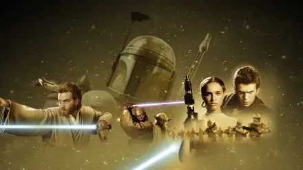 Star Wars Episode II: Attack of the Clones 4K Ultra HD PC desktop wallpaper showing Obi‑Wan, Anakin, Padmé, Jango Fett, lightsabers and clone troopers against a sepia battle backdrop.