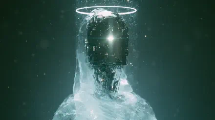 Sci-fi android cyborg with luminous halo, translucent data-filled body and glowing faceplate amid digital artifacts — 2K Quad HD PC desktop wallpaper.