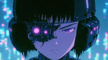 Sci-fi anime cyborg girl with dark bob, glowing purple ocular implant and headset, neon bokeh background — 2K Quad HD PC desktop wallpaper.