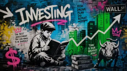 4K Ultra HD PC desktop wallpaper: graffiti mural on investing and the stock market — boy reading, bull, rising chart, dollar signs and motivational slogans