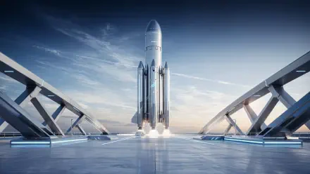 4K Ultra HD PC desktop wallpaper: sleek rocket spacecraft poised on a futuristic launchpad at dawn, reflective platform and clear sky.