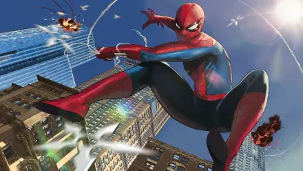 Spider-Man: Brand New Day — Spider-Man swinging between skyscrapers in dynamic action; 4K Ultra HD PC desktop wallpaper and background.