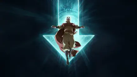 Aang from Avatar: The Last Airbender anime, floating with arms outstretched before a glowing blue Avatar arrow symbol — 4K Ultra HD PC desktop wallpaper/background.