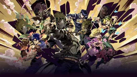 HD PC desktop wallpaper of JoJo's Bizarre Adventure: Stardust Crusaders — Jotaro Kujo centered with companions and Stands in dynamic poses against a dramatic comic explosion background.