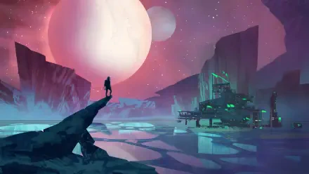 Star Trek: Prodigy 4K Ultra HD PC desktop wallpaper — lone figure on rocky cliff gazes at neon-lit alien outpost beneath twin moons and a pink starfield.