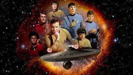 Star Trek 4K Ultra HD PC desktop wallpaper: Original Series bridge crew in classic uniforms clustered above the USS Enterprise, framed by a fiery nebula and distant starfield.