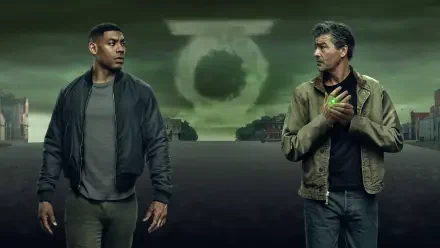 Lanterns (2026) — 4K Ultra HD PC desktop wallpaper and background: two men stand on a misty shoreline beneath a glowing circular light, green-tinted, moody sci-fi atmosphere.