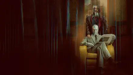 VisionQuest 4K Ultra HD PC desktop wallpaper: stylized scene of a seated older man reading a newspaper in a yellow armchair with a standing figure behind, moody vertical light streaks, warm tones.