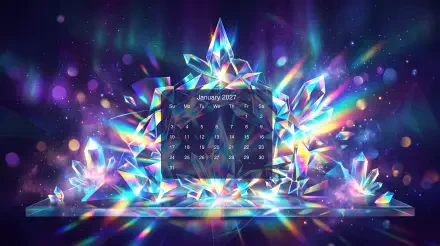 5K Ultra HD PC desktop wallpaper: January 2027 calendar framed by radiant multicolored crystal shards and aurora-like lights.