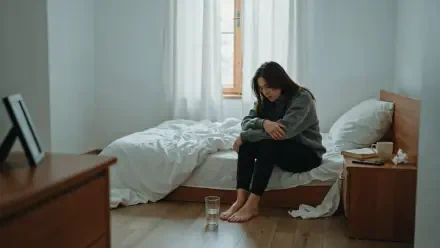 4K Ultra HD PC desktop wallpaper of a woman sitting on a bed in a minimalist bedroom, head bowed, glass of water at her feet — a quiet portrayal of depression.