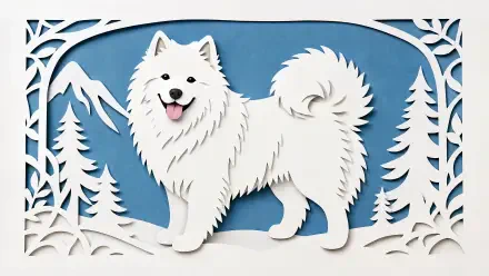 4K Ultra HD PC desktop wallpaper: a happy white Samoyed dog standing in a stylized blue mountain and snowy forest paper-cut background.