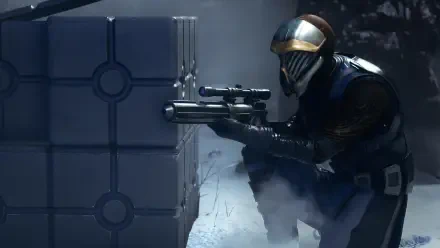 HD PC desktop wallpaper from the video game Star Wars: Zero Company — an armored soldier crouches behind a crate, aiming a scoped rifle in a snowy, industrial Star Wars scene.