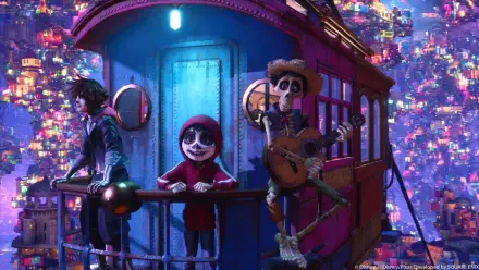 4K Ultra HD Kingdom Hearts IV PC wallpaper: vibrant city night scene with a skeleton guitarist, a hooded child and companions riding a colorful trolley — video game Kingdom Hearts imagery.