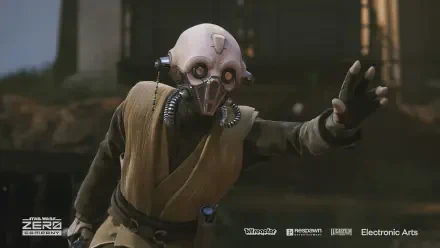HD PC desktop wallpaper from the video game Star Wars: Zero Company — Tel-Rea Vokoss, a cyborg in robes and respirator, reaching forward across a war-torn landscape.