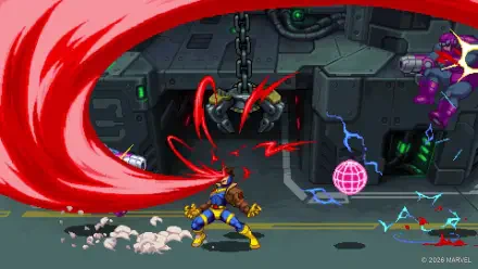 HD PC desktop wallpaper from MARVEL Cosmic Invasion fighting video game: Cyclops (Marvel Comics) unleashing a sweeping red optic blast across a futuristic stage.