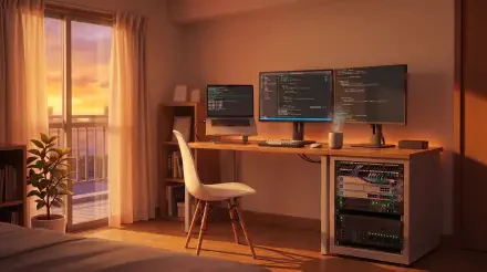 Sunset-lit developer room: dual monitors showing code, a server rack under the desk, plant by the balcony — 2K Quad HD PC desktop wallpaper background.