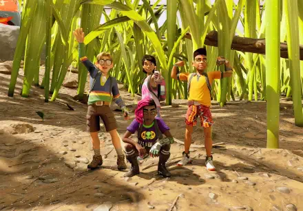 HD PC desktop wallpaper from video game Grounded 2 showing four cartoon children exploring a towering grass jungle, posing confidently among oversized blades and dirt.