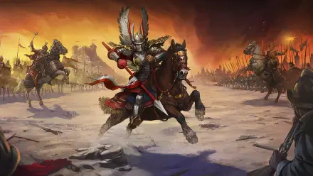 2K Quad HD desktop wallpaper from Age of Empires III: Definitive Edition — a mounted warrior knight charging on horseback across a snowy battlefield as armies clash beneath an orange sky.