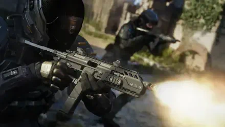 HD PC desktop wallpaper depicting Call of Duty: Black Ops 7 — masked soldiers in urban combat, close-up on a soldier firing a rifle.
