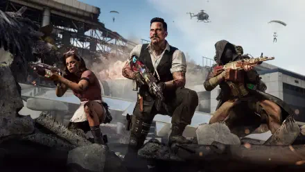 4K Ultra HD PC wallpaper: three Call of Duty: Black Ops 7 soldiers kneel amid rubble, armed with rifles and tactical gear as helicopters and parachutes hover overhead.