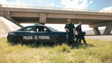 4K Ultra HD PC desktop wallpaper background Facing El Chapo: two Policía Federal officers by a patrol car beneath a highway overpass, sunlit grass and blue sky.