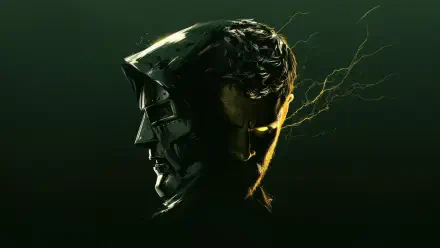 Avengers: Doomsday — 5K Ultra HD Avengers PC desktop wallpaper: split dark portrait, half armored mask and half human face with crackling yellow lightning on a deep green background