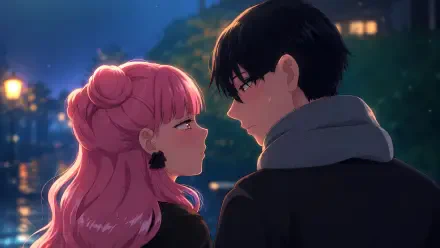 5K Ultra HD anime wallpaper of Miyu Suzuki and Yuusuke Tani sharing a close, tender gaze against a softly glowing city-night backdrop.