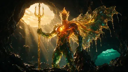 4K Ultra HD wallpaper: demonic Aquaman warrior holding a glowing trident, molten-gold armor dripping light inside a sunlit sea cave.