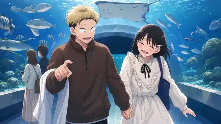 Kentarou Yamada and Natsumi Nishi from Seihantai na Kimi to Boku laugh hand-in-hand in an aquarium tunnel with fish and a manta ray above — 5K Ultra HD PC desktop wallpaper.